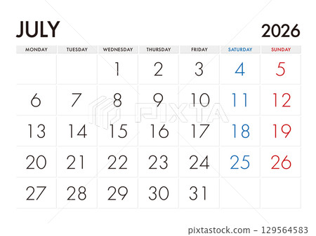 2026 年 7 月曆從星期一開始，無日本假期 129564583