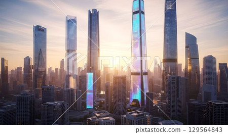 AI-generated image of a futuristic city with skyscrapers shining in the morning glow 5 129564843