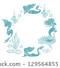Doodle wreath of mermaid, shells, pearls, seaweed and bubbles. Frame on the theme of sea vacation. Vector illustration 129564855