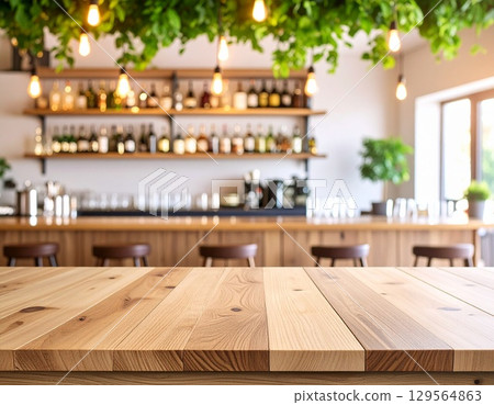 A stylish bar with a wooden counter and glass lighting. 1. AI-generated image. 129564863