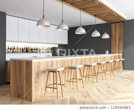 A stylish bar with a wooden counter and glass lighting. 3 AI-generated images 129564865