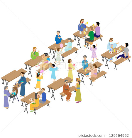 夏日節日休息區人們享用美食和交談的等距插圖 夏日節日休息區人們享用美食和交談的等距插圖 129564962