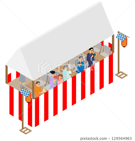 夏季節慶期間，人們在休息帳篷裡休息的等距插圖 129564963