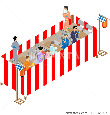 Isometric illustration of people eating and drinking at a summer festival rest area Isometric illustration of people eating and drinking at a summer festival rest area 129564964