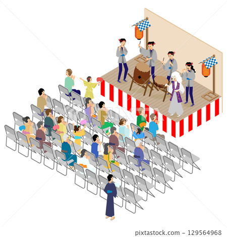 觀眾在夏季節慶舞台上欣賞日本鼓表演的等距插圖 129564968