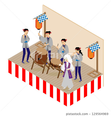 夏日節慶舞台上演奏日本鼓的人們的等距插圖 129564969