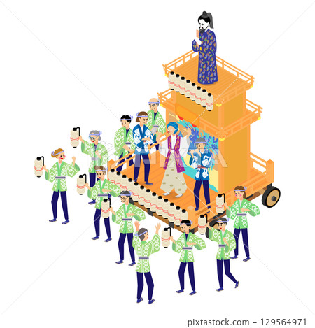 人們拉著夏季節慶彩車的等距插圖 人們拉著夏季節慶彩車的等距插圖 129564971