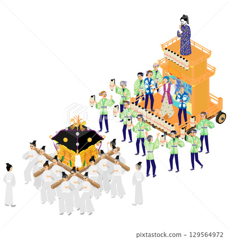 Summer festival isometric illustration of people carrying and pulling portable shrines and floats Summer festival isometric illustration of people carrying and pulling portable shrines and floats 129564972
