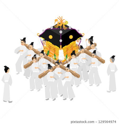 等距插圖：人們裝扮成神道教祭司，抬著神龕 129564974