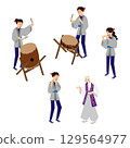 Set of Japanese drummers and performance costumes (isometric) 129564977
