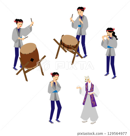 Set of Japanese drummers and performance costumes (isometric) 129564977