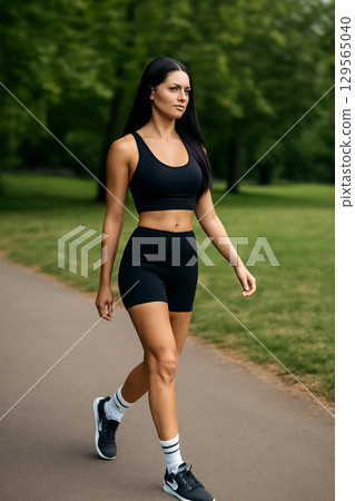 AI generated a dynamic candid shot of a fit young woman walking confidently in a park. She wears a black sports bra, high-waisted shorts, and sneakers. The blurred greenery in the background adds AI generated a dynamic candid shot of a fit young woman walking confidently in a park. She wears a black sports bra, high-waisted shorts, and sneakers. The blurred greenery in the background adds 129565040