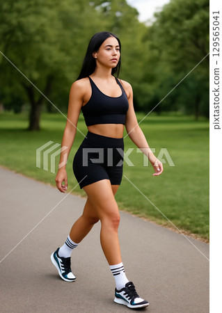 AI generated image of a fit Latina woman confidently walking in athletic wear. Her toned physique and determined expression showcase an active, healthy lifestyle. AI generated image of a fit Latina woman confidently walking in athletic wear. Her toned physique and determined expression showcase an active, healthy lifestyle. 129565041