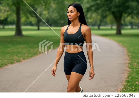 AI generated image of a confident African woman walking in athletic wear through a park. The candid, energetic mood highlights her strength and grace. AI generated image of a confident African woman walking in athletic wear through a park. The candid, energetic mood highlights her strength and grace. 129565042