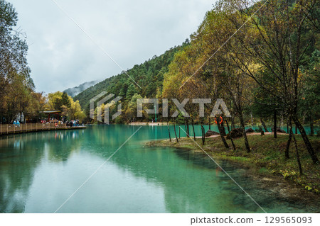 Turquoise Lake with Submerged Trees in Blue Moon Valley, Lijiang, China 129565093