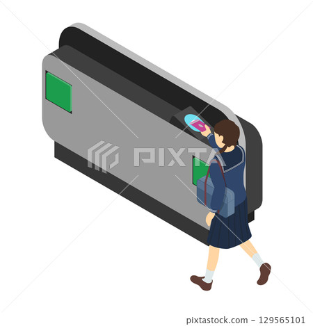 Isometric illustration: A girl passing through a ticket gate at a station with a card 129565101