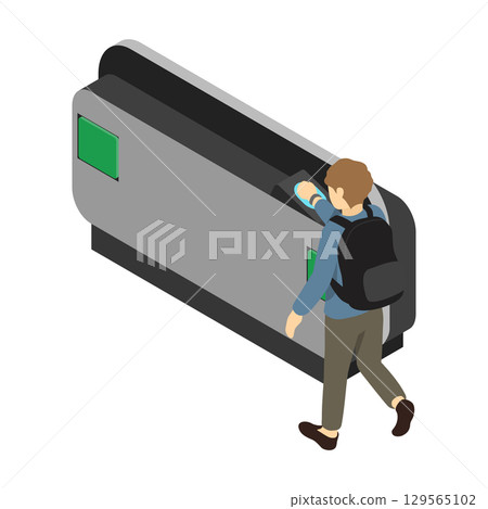 Isometric illustration: A man passing through a station ticket gate with a smartwatch Isometric illustration: A man passing through a station ticket gate with a smartwatch 129565102