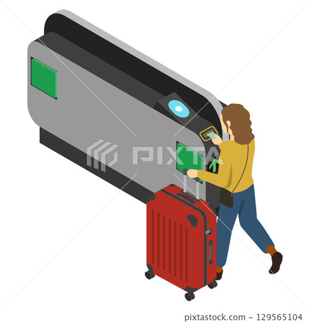 Isometric illustration: A woman passing through a station ticket gate Isometric illustration: A woman passing through a station ticket gate 129565104