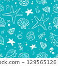 Hand drawn nautical pattern in turquoise. Shells, bubbles, starfish, pearls in a repeating seamless pattern with sea life. 129565126