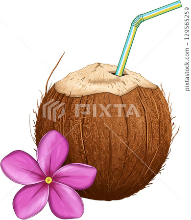 coconut with straw and pink flower coconut with straw and pink flower 129565259
