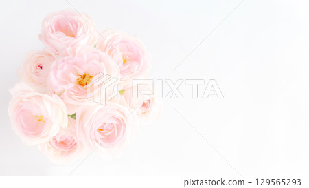 Stylish and cute pink fresh bouquet photo background: ranunculus, like roses, beauty image 129565293