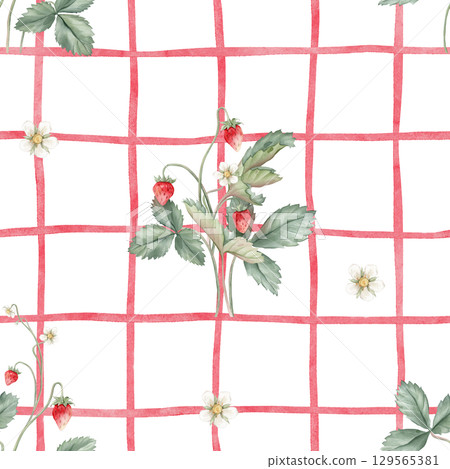 Seamless pattern with watercolor illustration of wild strawberries with white flowers. Hand painted print with woodland berries with leaves on isolated checkered background. Floral ornamental pattern. Seamless pattern with watercolor illustration of wild strawberries with white flowers. Hand painted print with woodland berries with leaves on isolated checkered background. Floral ornamental pattern. 129565381