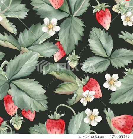 Seamless pattern with watercolor illustration of wild strawberries with white flowers. Hand painted print with woodland berries with green leaves on isolated background. Floral ornamental pattern. Seamless pattern with watercolor illustration of wild strawberries with white flowers. Hand painted print with woodland berries with green leaves on isolated background. Floral ornamental pattern. 129565382