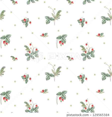 Botanical, kids style seamless pattern with wild strawberry flowers and berries on a white background. Background for children's room decor, wallpaper. Hand drawn illustration woodland strawberries. 129565384