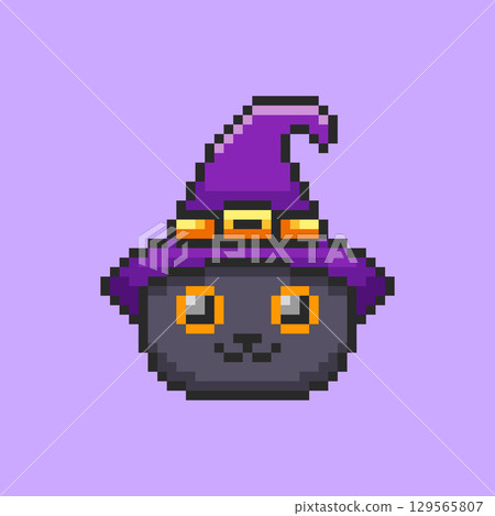 Pixel art Cute Black Cat with Witch Hat game asset design Pixel art Cute Black Cat with Witch Hat game asset design 129565807