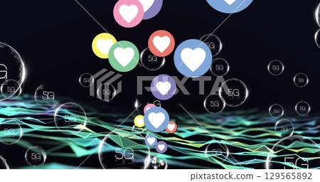 Image of falling 5g icons and falling hearts over wave 129565892