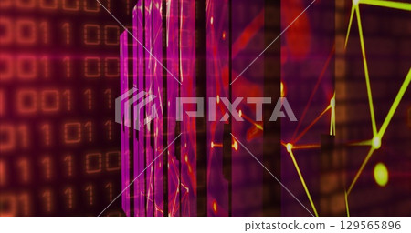 Image of network of connections and data processing on dark background Image of network of connections and data processing on dark background 129565896
