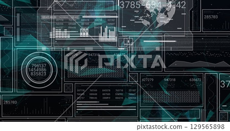 Image of globe and data processing on black background 129565898