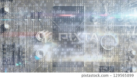 Image of falling digital data processing over grey background Image of falling digital data processing over grey background 129565899