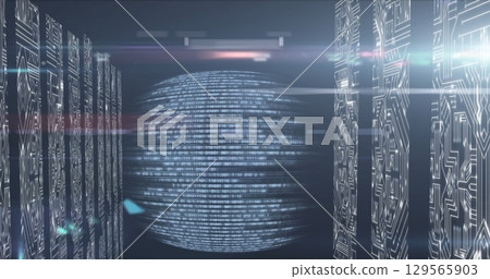 Image of computer circuit board over data processing on black background 129565903