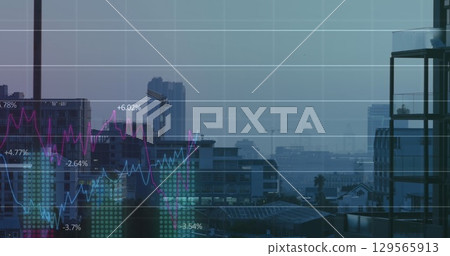 Image of financial graph and data processing over cityscape 129565913