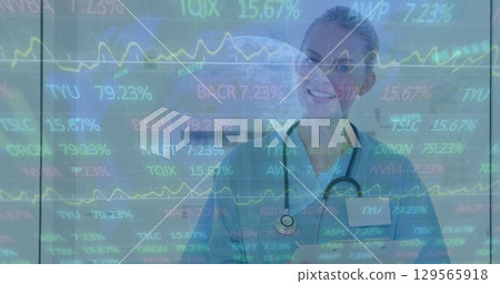 Image of data processing over caucasian female doctor 129565918