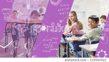 Image of falling school white icons over diverse group of pupils Image of falling school white icons over diverse group of pupils 129565922
