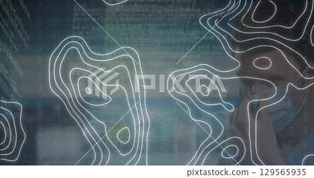 Image of digital interface and globe over caucasian doctor Image of digital interface and globe over caucasian doctor 129565935