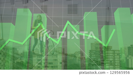 Image of finacial data processing over muslim women with bike cityscape Image of finacial data processing over muslim women with bike cityscape 129565956