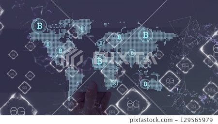 Image of 6g, bitcoins and world map with connections over violet background 129565979