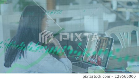Image of vgraphs and financial data over woman having image call on laptop Image of vgraphs and financial data over woman having image call on laptop 129566000