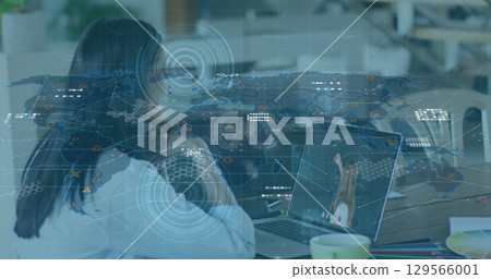 Image of icons, 6g and world map over woman having image call on laptop 129566001