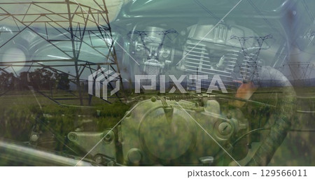 Image of electricity poles over car engine Image of electricity poles over car engine 129566011