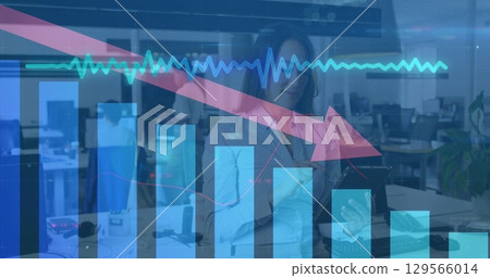 Image of financial data and graphs over asisan woman using tablet in office Image of financial data and graphs over asisan woman using tablet in office 129566014