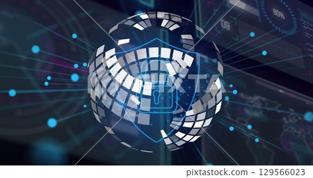 Image of blue dots over globe and digital padlock on black background 129566023
