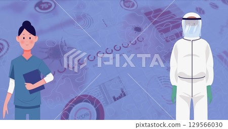 Image of woman and man in safety uniform over virus cells and data on violet background 129566030