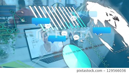Image of social media reactions and graphs over caucasian woman having image call on laptop Image of social media reactions and graphs over caucasian woman having image call on laptop 129566036