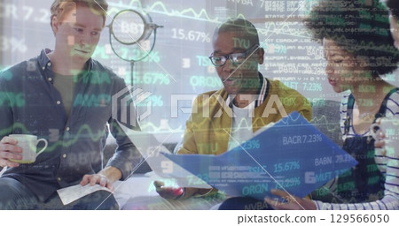 Image of data processing over business people using phone headsets 129566050