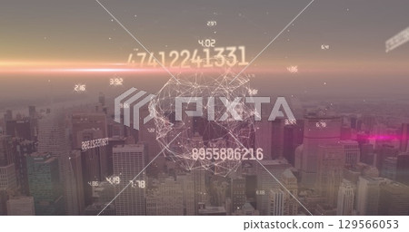 Image of numbers, globe and connections over cityscape 129566053