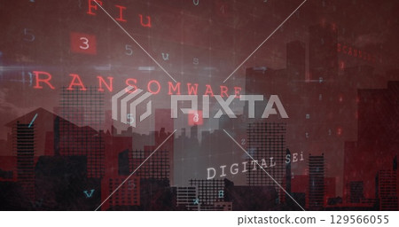 Image of cyber crime and numbers over cityscape 129566055